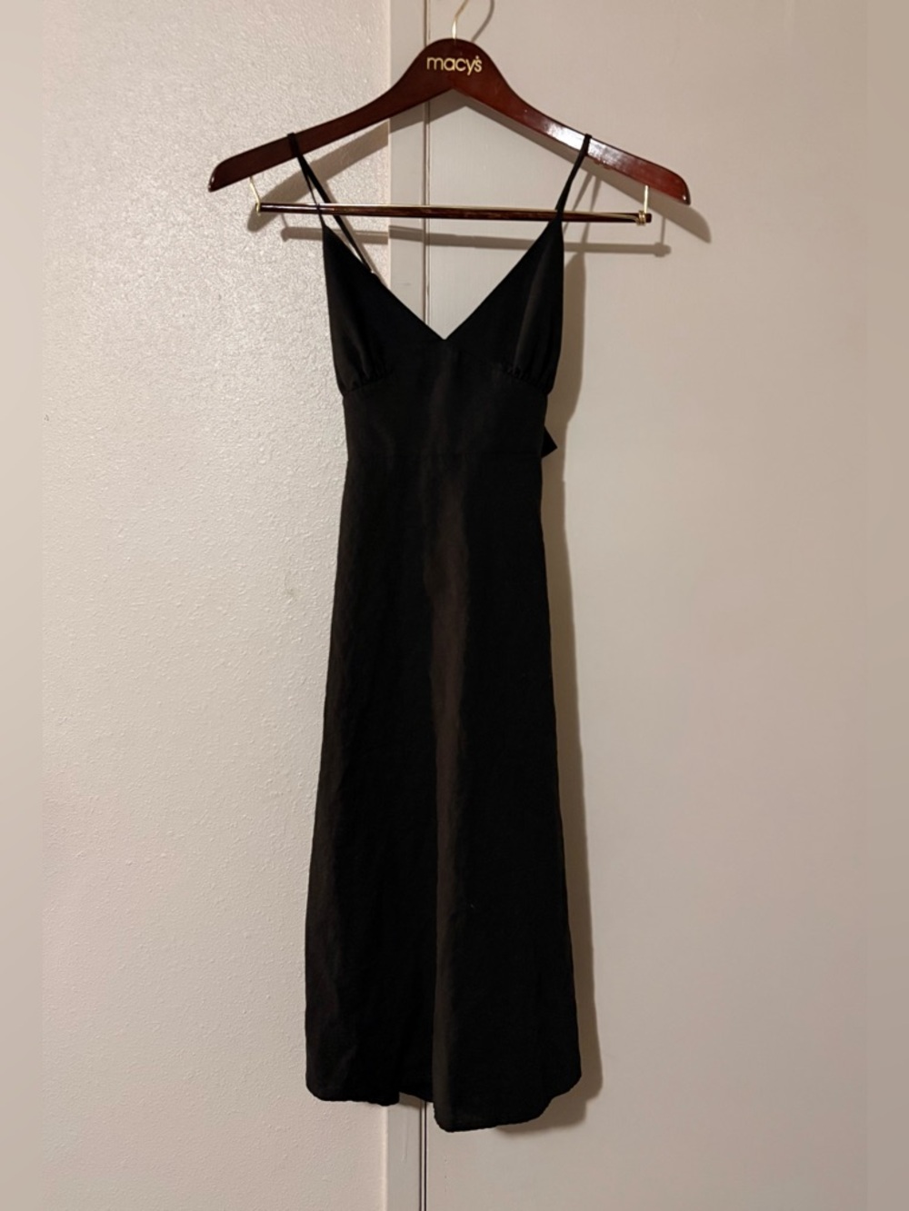 Forever 21 Black Midi Slip V Neck Dress with Spaghetti Straps & Open Back to Bow